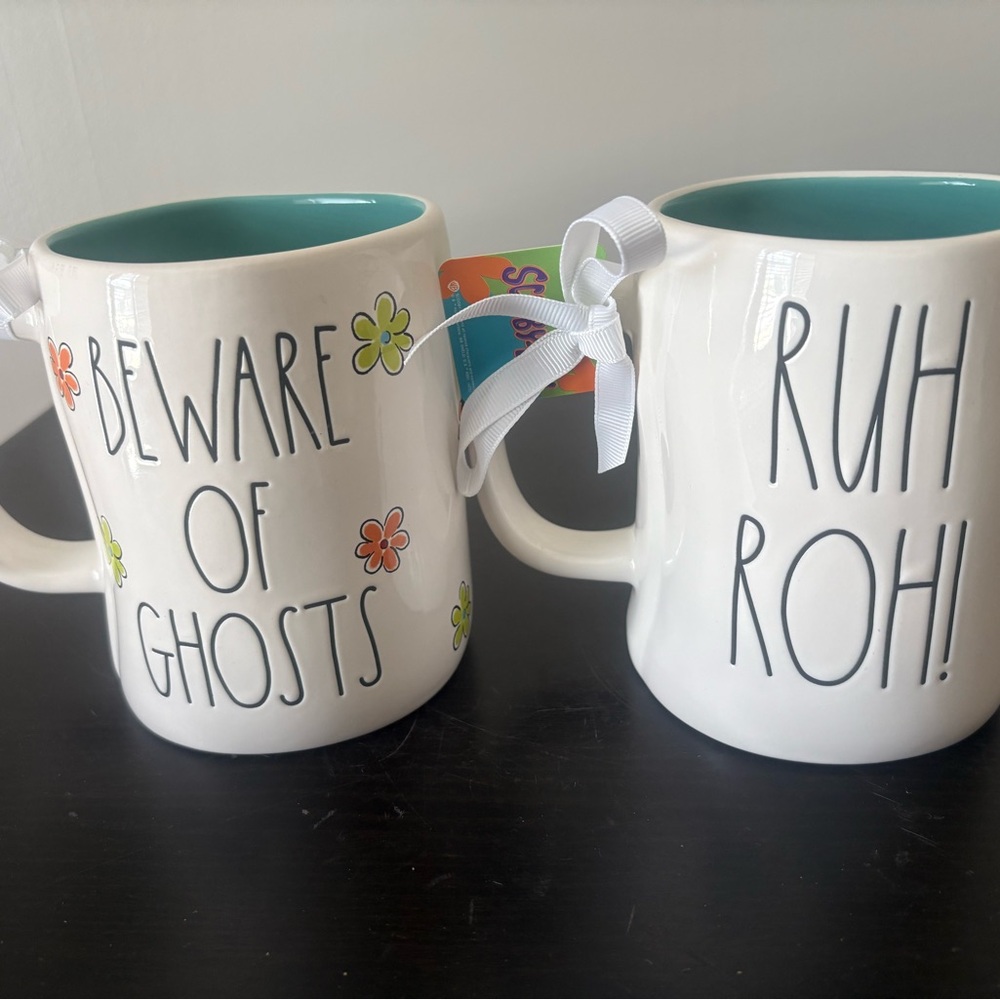 New Rae Dunn Scooby Doo Beware of Ghosts and RUH ROH Mugs Double Sided Set of